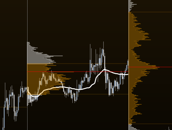 Volumenprofil eines Handelstages: orange hinterlegte Value Area, roter Point of Control und weißer VWAP
